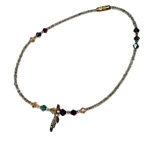 Vintage Handmade Beaded Choker Necklace Silver Tone Dragonfly Charm Jewelry